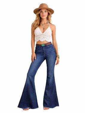 Judy Blue Womens Super Flare High Rise Raw Hem Jeans Sz 7/28 Blue Retro 70s Boho